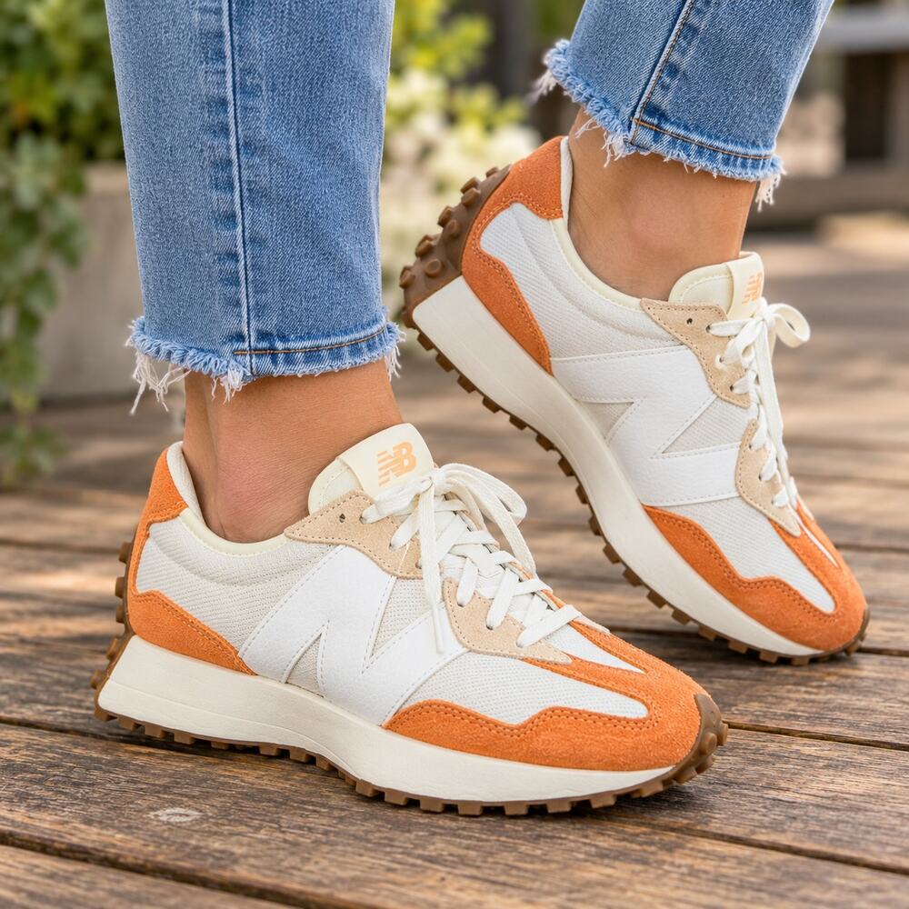 New Balance 327 Women’s Sneakers Orange Cream White Suede Retro Running Shoes 8